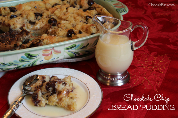 Impress your holiday guests with this easy Chocolate Chip Bread Pudding recipe, topped with a White Chocolate Bourbon Sauce.
