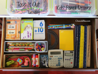 Quick & easy way to declutter a kids' pencil drawer, with this week's organization mission, Toss It Out Tuesday!