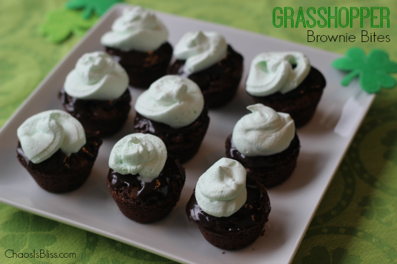 Easy and Quick Grasshopper Brownie Bites recipe, a yummy St. Patricks Day treat.