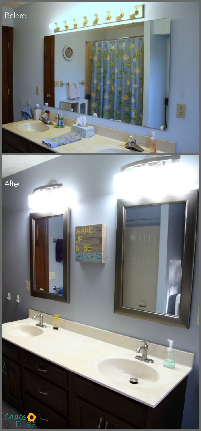 Here are our bathroom remodel before and after photos! Plus, three updates to our 1980s bathroom design that fit our frugal budget!