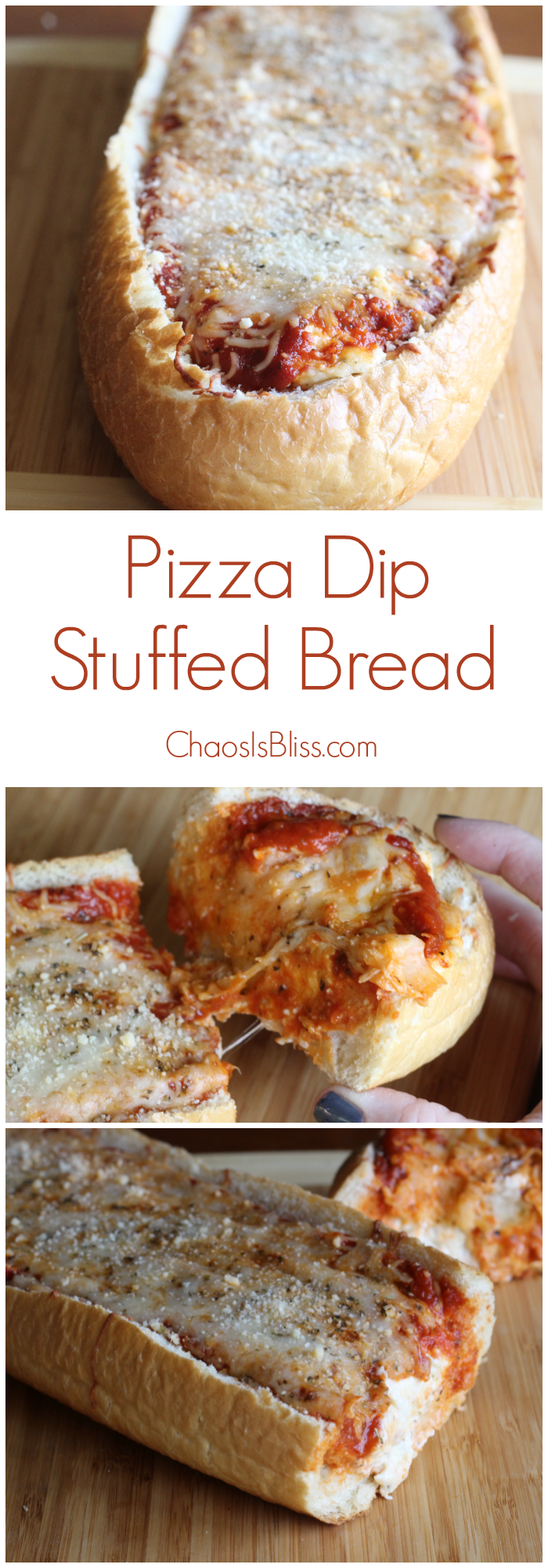 Next time you need a party appetizer, try Pizza Dip Stuffed Bread! Savory and very filling appetizer recipe.