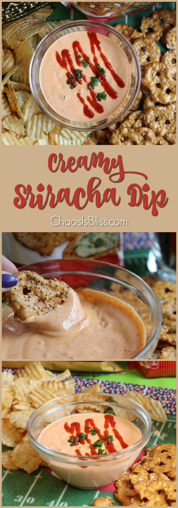 Spice up your playoff game party with this Creamy Sriracha Dip recipe, perfect for fresh veggies, potato chips and pretzels!