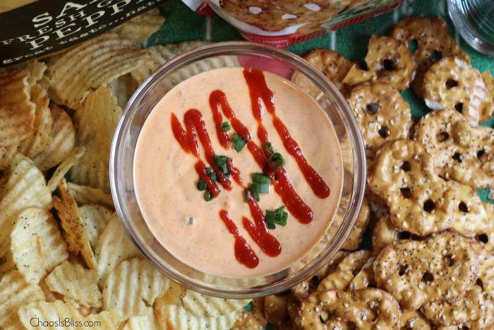 Spice up your playoff game party with this Creamy Sriracha Dip recipe, perfect for fresh veggies, potato chips and pretzels!