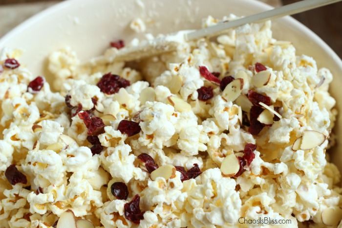 Looking for an easy salty-sweet snack mix? Try this White Chocolate Cranberry Popcorn recipe.