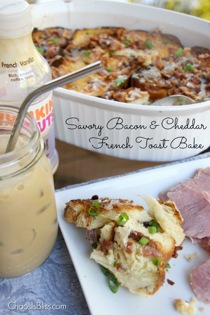 Savory Bacon and Cheddar French Toast Bake will be your go-to easy brunch recipe when you have a pitch-in, and it's also delicious as a side for dinner!