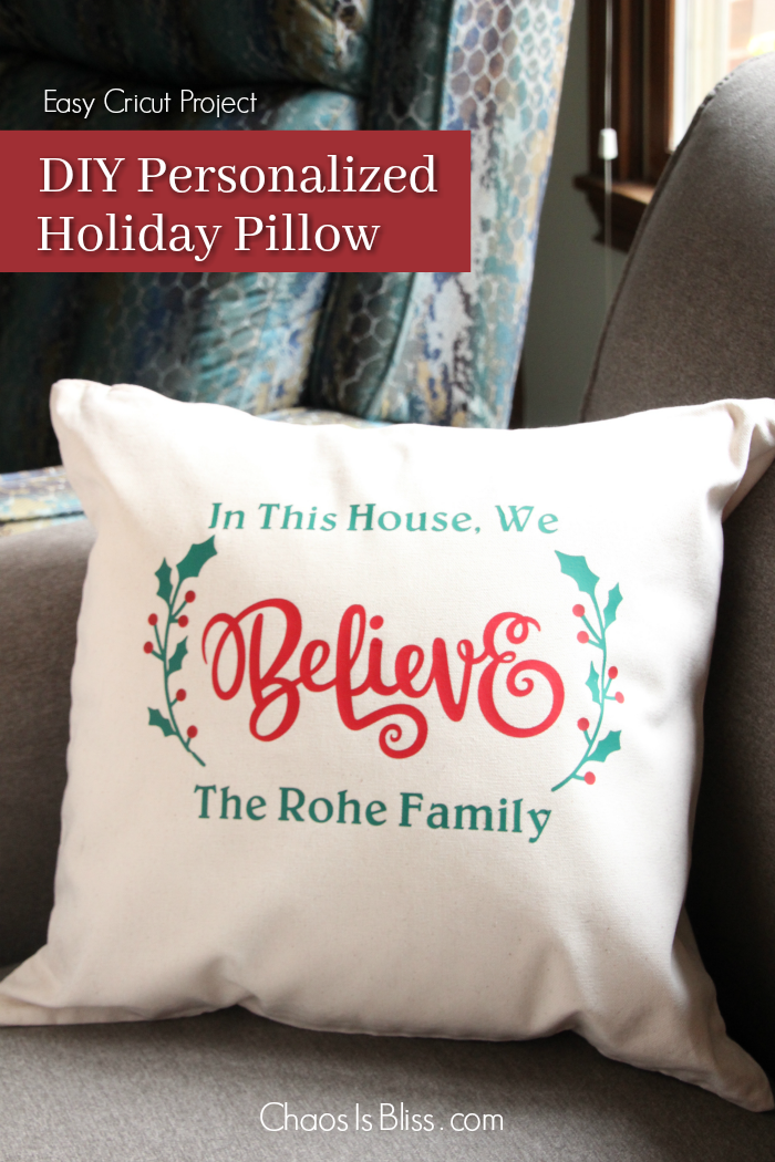 Creating your own unique holiday decor is made easy with this DIY personalized holiday throw pillow design, and the Cricut Easy Press!